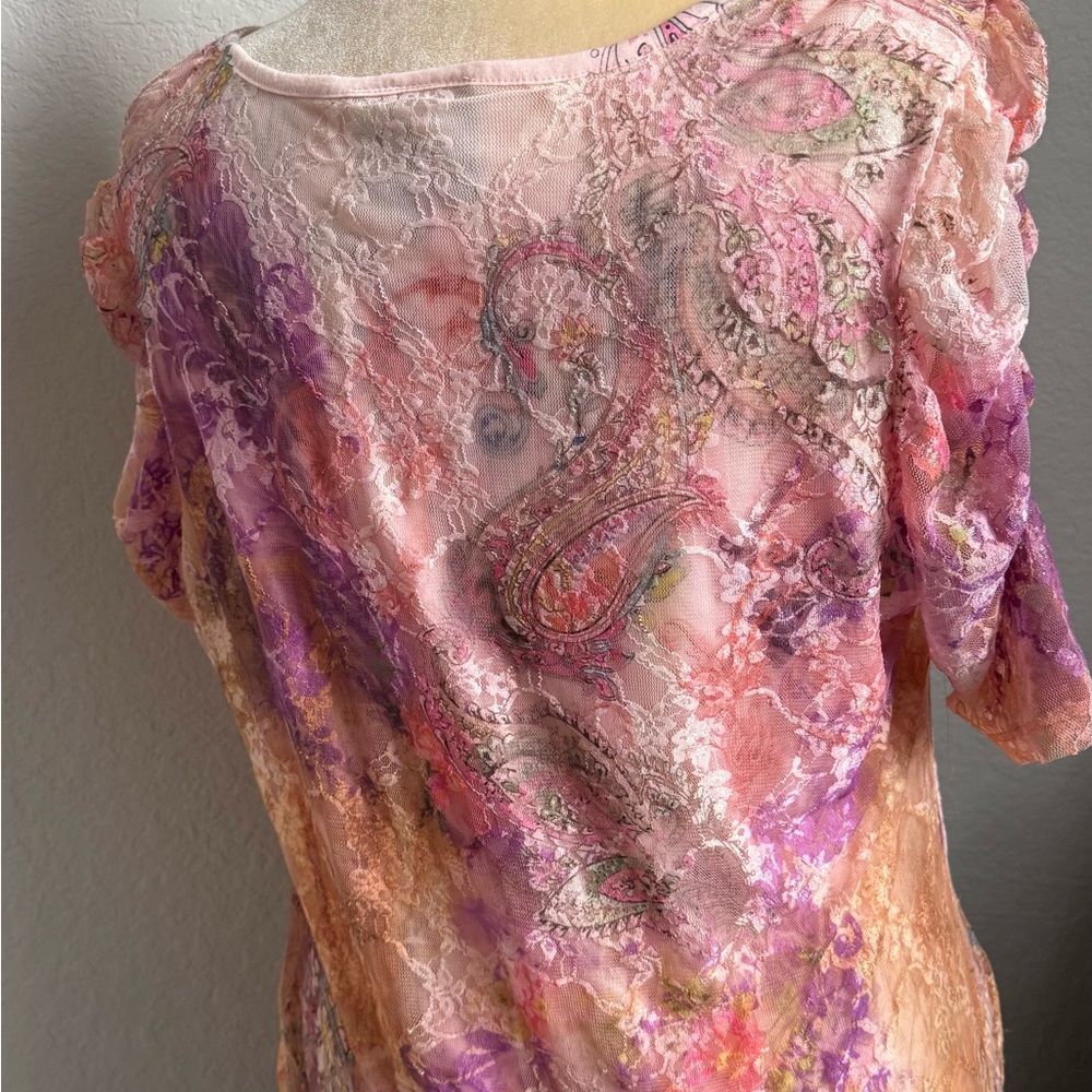 Women’s French Blue Lace & Beaded Lace Shirt With Ruched Sleeve Size XL - Picture 4 of 7